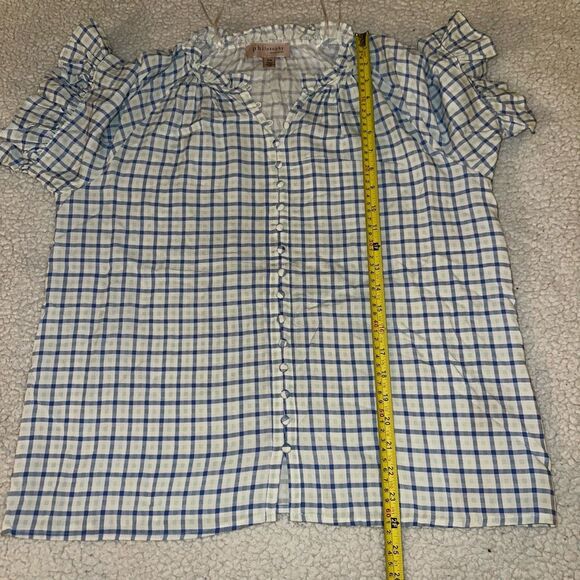 Philosophy Button Down Ruffle Sleeve White Blue Green Plaid Blouse Medium EUC - Picture 10 of 12